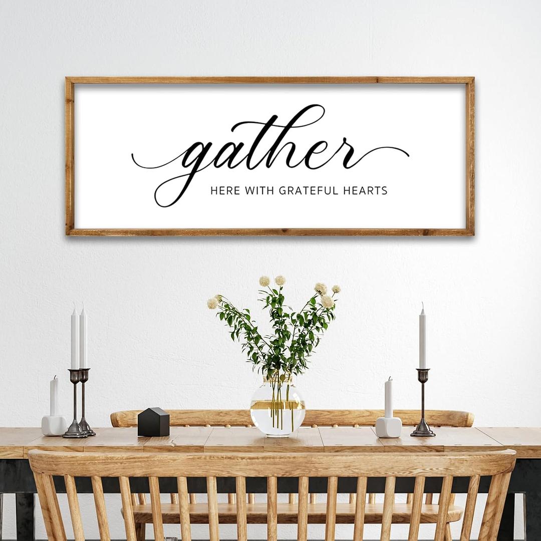 ZZJJHYWGQ Gather Here With Grateful Hearts Sign Rustic Farmhouse Wall Art 32"12" For Dining Room kitchen Family Gathering Thanksgiving Decor Minimalist Large Wooden Framed Hanging Art (Wood)