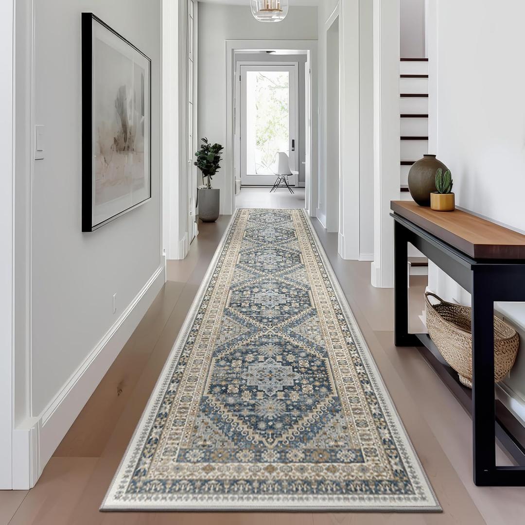 Hallway Runner Rug 2x12, Extra Long Washable Runner Rugs with Rubber Backing, Non Slip Runner, Vintage Rug Runners for Kitchen Laundry Room Entryway (Blue/Beige,2'x12')