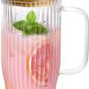 32oz Ribbed Glass Cup with Handle Bamboo Lid and StrawBorosilicate Glass Tumbler, Iced Coffee Cups Hot/Cold Drinks