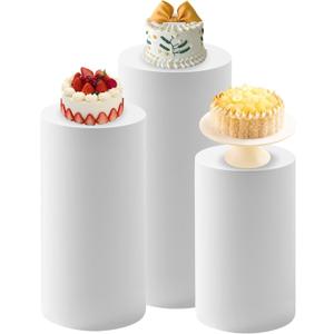 3Pcs Cylinder Pedestal Stand Covers,Round Spandex Cylinder Stand Covers for Party,Elastic Cloth Cylinders Plinth Cover for Parties Wedding Birthday Event Decor,Only Covers (9.1*9.5*1.8inch, White)