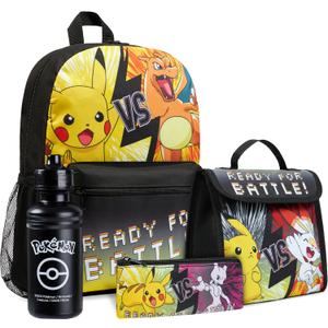 Pokemon Backpack Set 4 Pcs for Kids with Backpack Water Bottle Pencil Case and Insulated Lunch Bag or Wallet Anime School Supplies Gifts for Kids (Black/Yellow 4 Pcs Set)