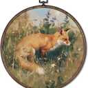 Giosve Vintage Fox Round Wall Art Canvas Framed Poster, Farmhouse Rustic Cottagecore Fox Woodland Animals Hanging Wall Sculptures for Home Bedroom Living Room Decor, 10x10 Inch