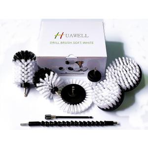 HUAWELL 8 Piece Soft White Drill Brush with Extend Attachment Set-Car Interior Detailing Kit, All Purpose for Car, Boat, Seat, Carpet, Upholstery, Bathroom, Grout, Floor and Tile (White)