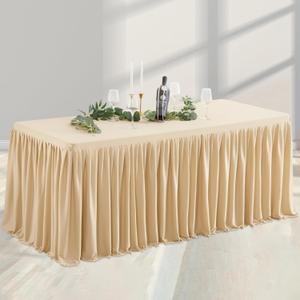Champagne Polyester Table Skirt for Rectangle Tables 6ft, Wrinkle Free Pleated Ruffle Fitted Table Cover 6ft Stretch Tablecloths with Skirt for Parties Weddings Birthday Banquet Baby Shower (72" x 30" (6FT))