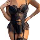 Sexy Lingerie 3 Piece Sets Women Lace Bodysuit with G-String and Stockings Sheer Mesh Strappy Outfits (Black, XL)