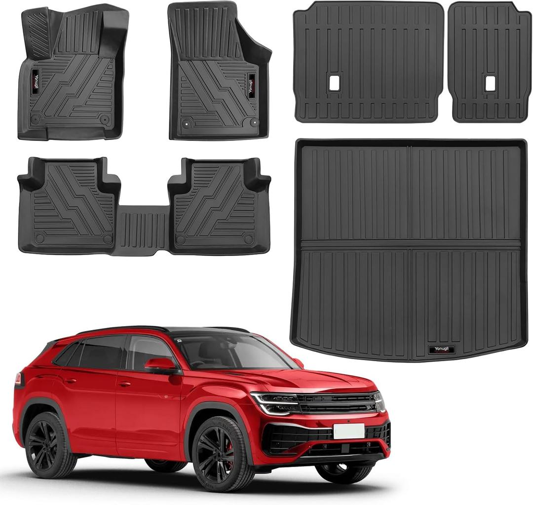 Custom for 2018-2025 2026 Volkswagen Atlas Cross Sport Floor Mats Trunk Cargo Liner and Rear Seat Backrest Mat All Weather TPE Protection Mat Accessories (only for VW Atlas Cross Sport 5 Seats)