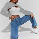 LovelyWholesale Womens Crewneck Cropped Sweatshirt Long Sleeve Super Crop Top Workout Gym Aesthetic Grey Large (L)