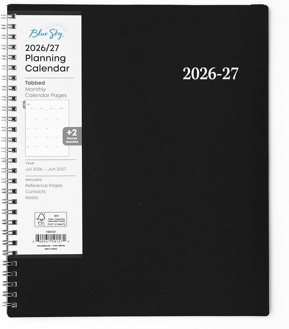 3 x Blue Sky 2026-2027 Monthly Academic Year Planner Calendar, July 2026 - June 2027, 8" x 10", Monthly Layout, Flexible Cover, Wirebound, Laminated Tabs, Enterprise
