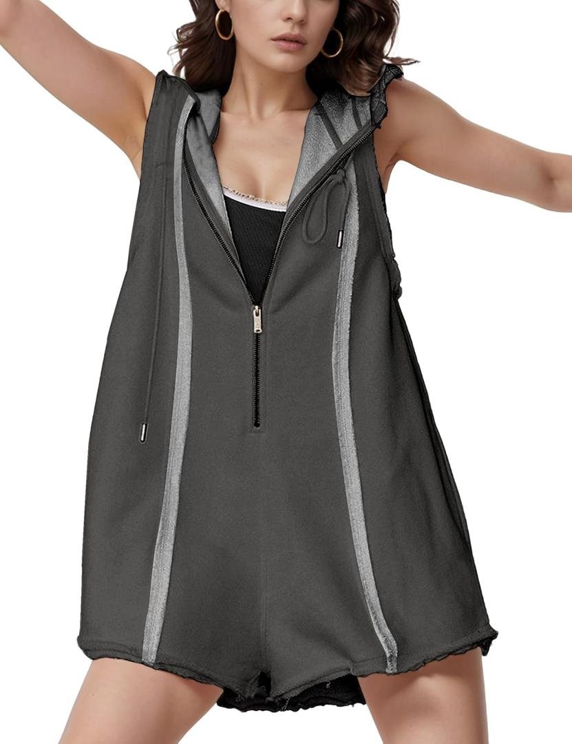 Womens Casual Rompers Athletic Workout Zip Cotton Jumpsuits Overalls | Summer Loose Hooded Romper, Side Pockets, Half-zip, Defined Seaming, Wide Legs, Soft Cotton-Blend for Sporty, Beach, Lounge (Gray, XS)