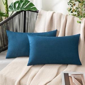 MIULEE Pack of 2 Decorative Outdoor Solid Waterproof Throw Pillow Covers Faux Linen Garden Farmhouse Coastal Cushion Cases for Summer Patio Tent Balcony Couch Sofa 20x12 Inch Blue