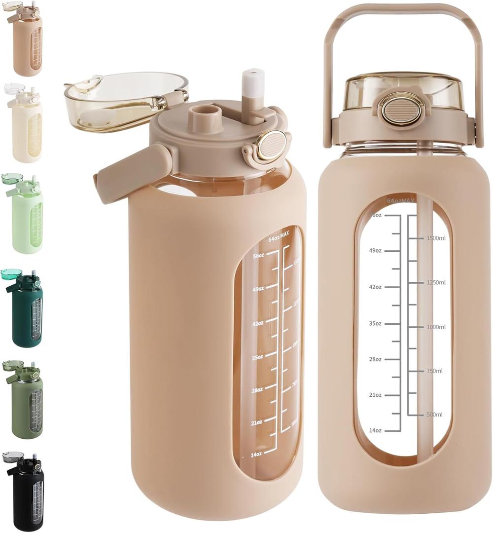 Glass Water Bottle with Straw and Handle Lid Half Gallon Motivational Glass Bottle with Silicone Sleeve and Time Marker Large Reusable Sports Water Jug for Gym Home Workout (64 Ounces, Amber)
