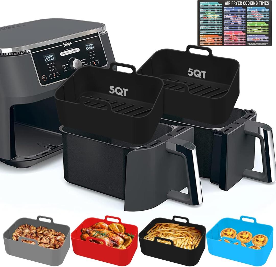 Silicone Air Fryer Liners 10QT, Reusable Airfryer Basket Liners for Ninja DZ550/DZ401, 2Pcs 5QT Large Air Fryer Accessories, Dishwasher safe (8.46 * 5.9 inch 10 QT, DZ401 - Black)