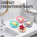 2 x Silicone Self Draining Soap Dish Tray Holder Cute Sea Shell 25Slope for Bar Soap Saver Waterfall Drain Shower Bathroom Sink with Bristles Brush Keep Dry Purple Grey