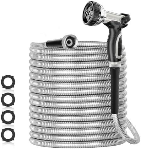 SPECILITE 50ft 304 Stainless Steel Garden Hose Metal, Heavy Duty Water Pipe with Nozzles for Yard, Outdoor - Flexible, Never Kink & Tangle, Puncture Resistant (Sliver)