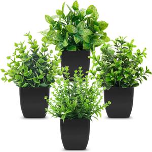 Der Rose 4 Pack Black Bathroom Decor Fake Plants Mini Artificial Greenery Potted Plants for Halloween Decor Indoor Office Table Room Farmhouse Decor