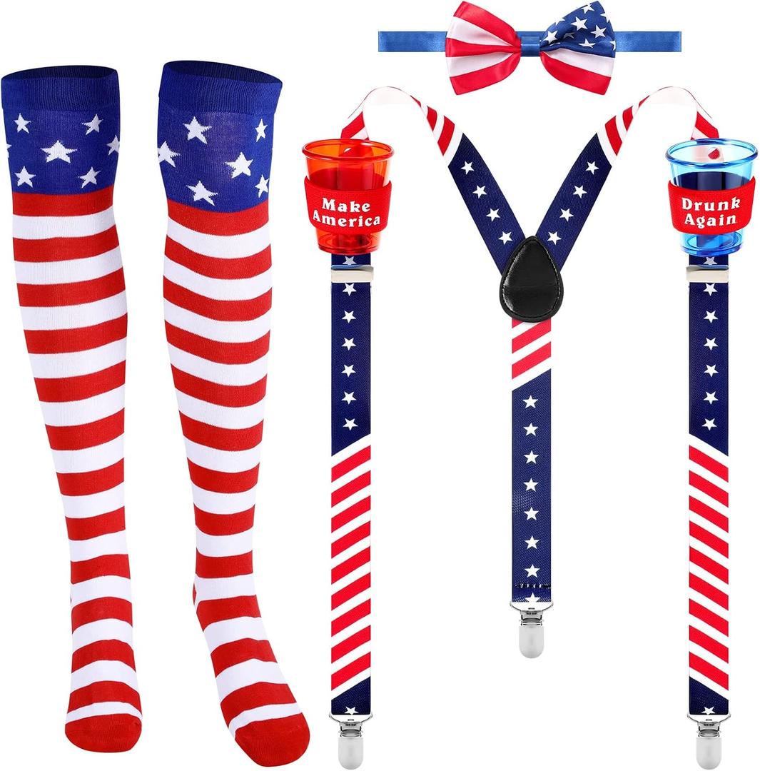 Syhood 4 Pieces Patriotic Accessories Set, Include Red White and Blue Patriotic Y Back Suspender with Cups, American Flag Bowtie and Knee Socks for Halloween July 4th Party Celebration Party