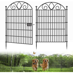 10 Panels No Dig Tall Garden Fence with Gate – 34" H X 22' L Rustproof Metal Dog Fences Outdoor for Yard, Decorative Animal Barrier Fence for Pet, Garden Border, Patio, Flower | Temporary Fencing