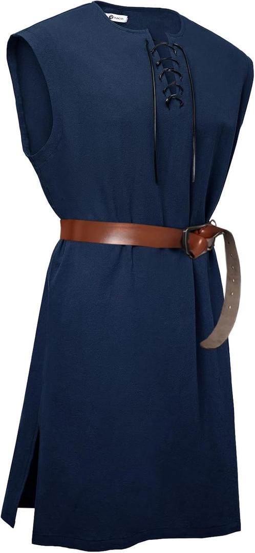 Runcati Mens Pirate Costume Tunic Renaissance Medieval Knight Warrior Sleeveless Lace Up Shirts Viking LARP Halloween Tabard (Blue, L)