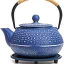 Juvale Cast Iron Teapot with Infuser - Blue, 27 oz (800 mL) - Stovetop Tea Kettle for Loose Leaf Tea - Includes Stainless Steel Infuser & Trivet