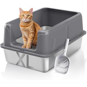 Stainless Steel XL Cat Litter Box for Cats, High-Sided Design Prevents Urine Leakage, Non-Stick, Easy to Clean, Includes Scoop, Gray