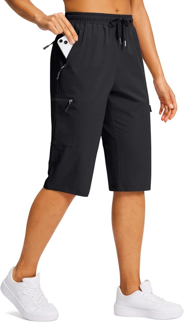 SANTINY 15" Long Shorts for Women Hiking Cargo Bermuda Shorts with 5 Zipper Pockets Lightweight Quick Dry Knee Length Capris (Black, L)