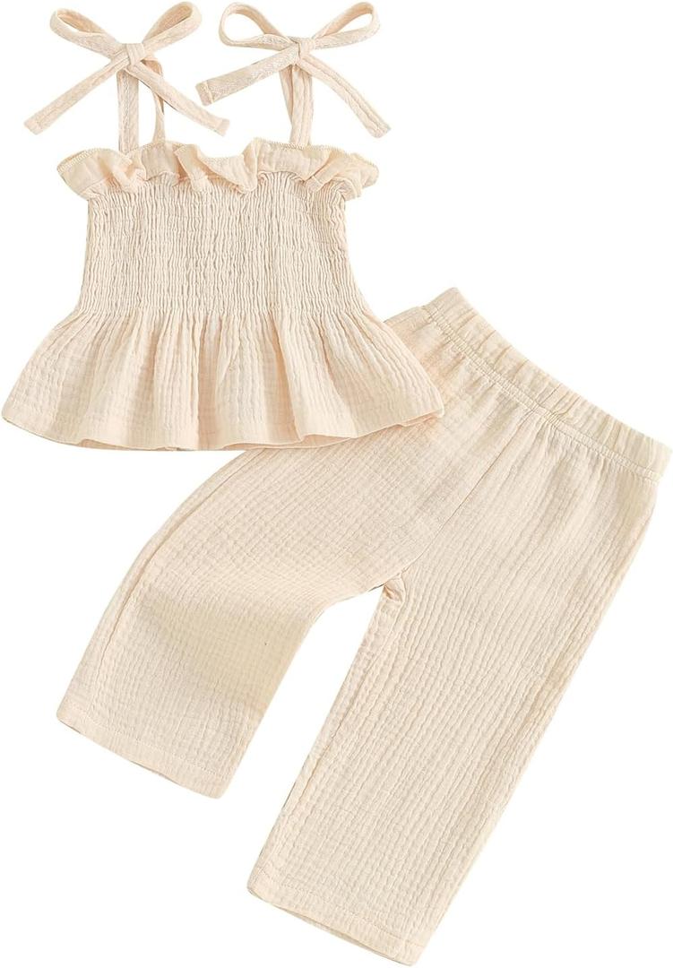 VISGOGO Infant Baby Toddler Girls Clothes Solid Color Sleeveless Camisole Linen Pants Set Baby Summer Outfits (Beige, XS)