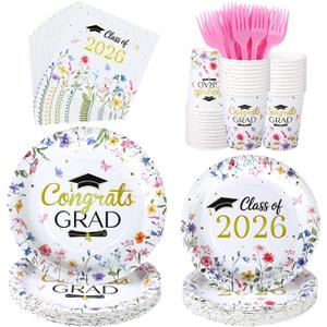 Kochorie 144 Pieces Floral Graduation Party Decorations, Class of 2026 Pink Wildflower Congrats Grad Tableware Sets Including Paper Plates Napkins Cups Forks for Women College High School, Serves 24