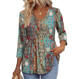 3/4 Length Sleeve Womens Tops 2025 Blouses for Women Dressy Casual Fashion Clothing V Neck Babydoll Tops Fall Outfits, XXL