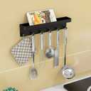 Self-Adhesive Kitchen Storage Rack with Hooks, No-Drill Wall-Mounted Organizer Kitchen Utensil Holder with Shelf and Hooks Black 1