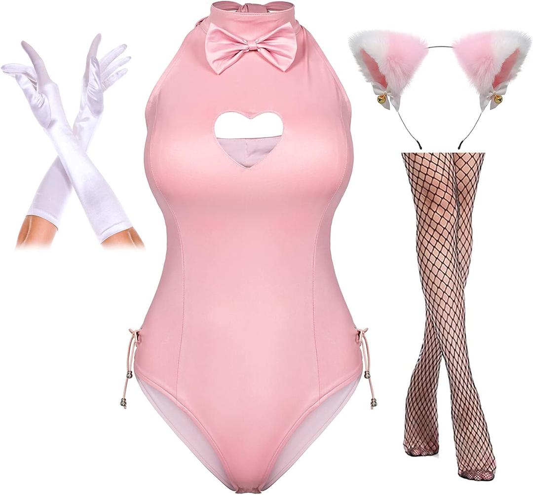 Yuriko Womens Bunny Costume Girl Suit Button Crotch Romper Onesie Bodysuit Cosplay Costume Furry Cat Ear Gloves Socks set(Pink XL)