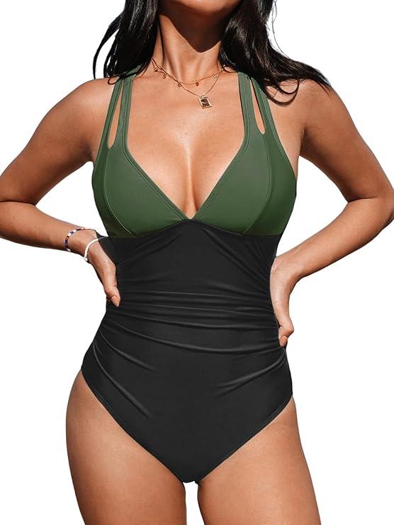 CUPSHE Women's Swimsuit V Neck Tummy Control Ruffles Deep Back One-Piece Swimwear Swimsuit