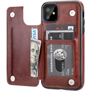 for iPhone 11 Wallet Case with Card Holder,OT ONETOP PU Leather Kickstand Card Slots Case,Double Magnetic Clasp and Durable Shockproof Cover for iPhone 11 6.1 Inch(Brown)