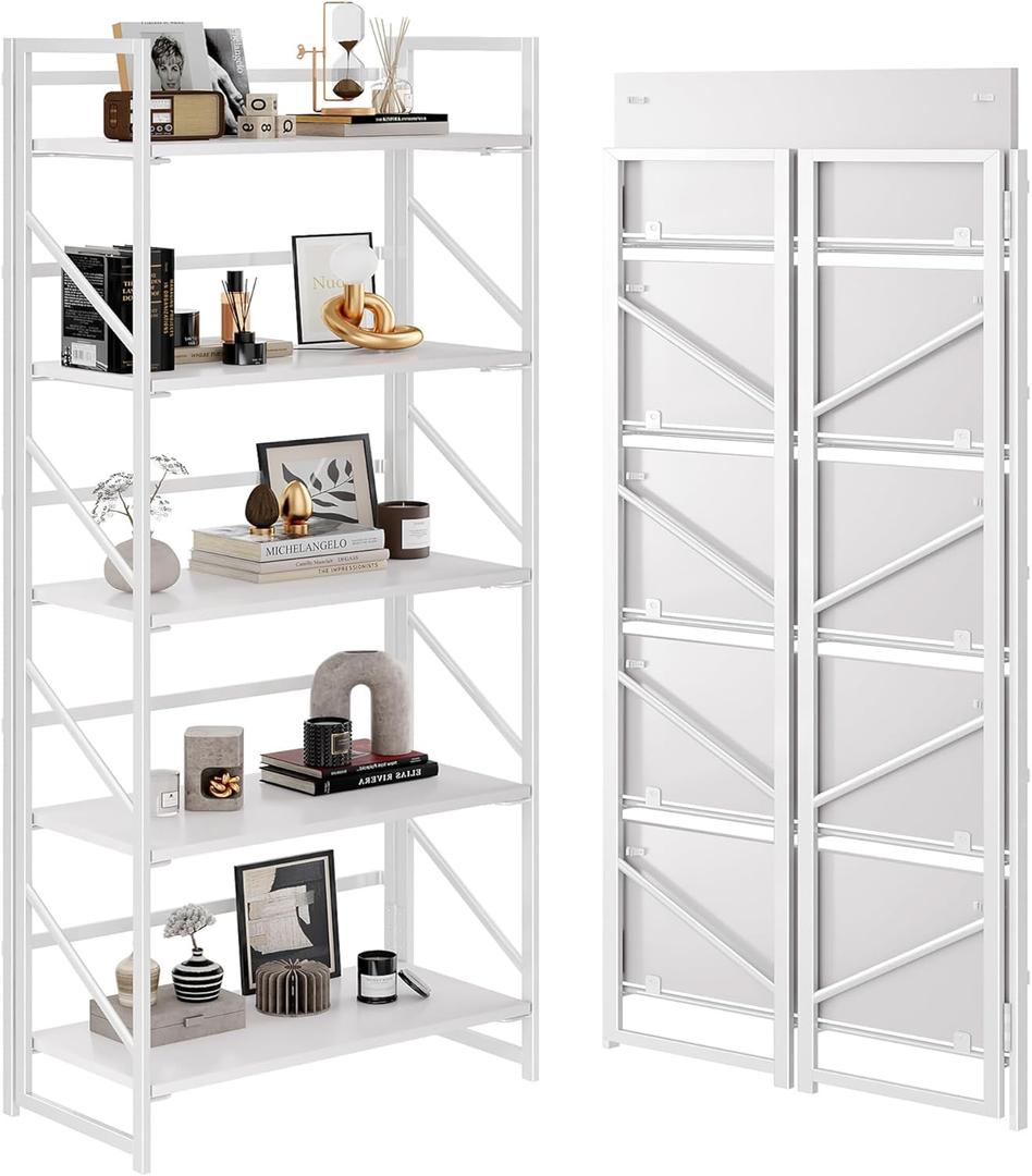 JSB No Assembly Folding Bookshelf, 5 Tier Industrial Metal Book Shelf for Storage, Vintage Wood Foldable Bookcase for Living Room, Bedroom, Office Organization Shelves (All White)