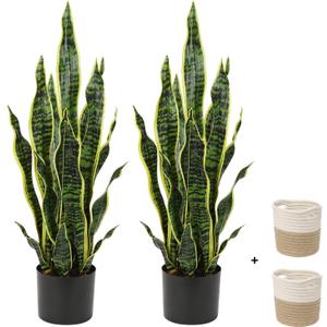 2 Set Large Fake Snake Plant 25 Inch Sansevieria Plant Artificial Snake Plants in Pots with Woven Basket Faux Mother In Law Tongue Plant - 17 Leaves Fake Laurentii for Indoor Outdoor Home Office Decor