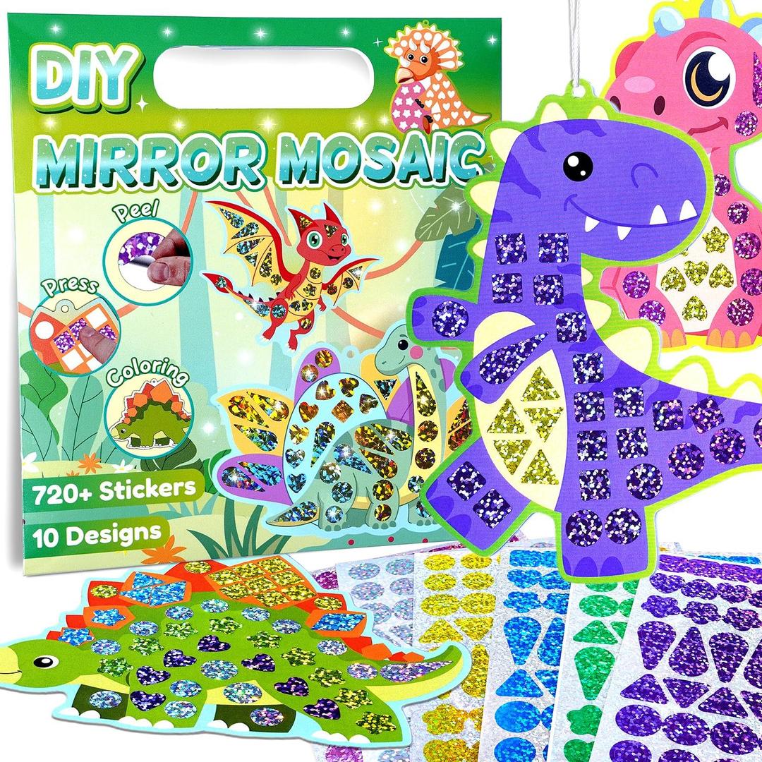 EDSPORTSHOUSE Mosaic Foil Stickers Craft Kits for Kids -Dinosaur DIY Party Favors Craft Activity,Travel Toys,Easter Basket Stuffers,Birthday Gifts for Girls Boys Ages 3,4,5,6,7,8