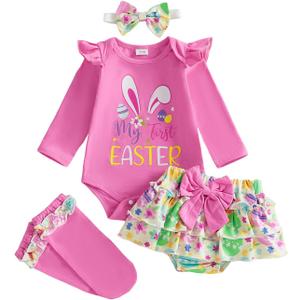 Newborn Baby Girl My 1st Easter Outfit Bunny Romper Bloomers Tutu Skirt Socks Headband Set First Easter Outfit (Pink, 6-9M)