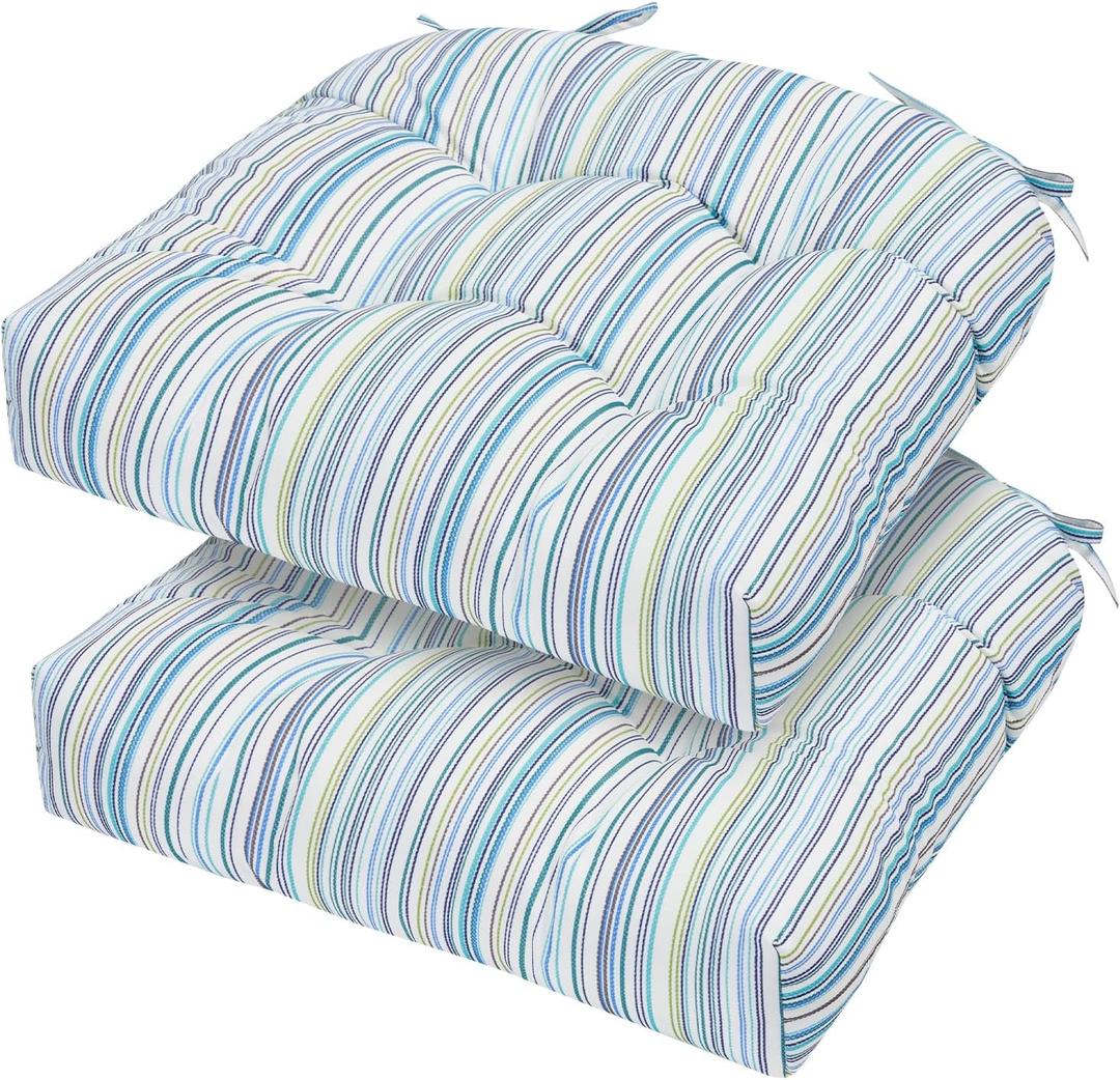 FUNHOME Set of 2 Outdoor Chair Cushions Waterproof Tufted Seat Cushions for Patio Furniture 19 x 19 x 5 Inch Patio Cushion for Rocking, Camping, Kitchen Chairs-Blue Stripe