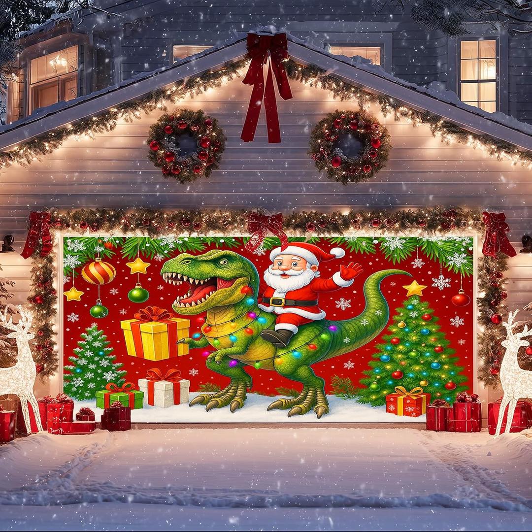 IVN Christmas Santa Dinosaur Christmas Garage Door Cover 13x6 FT for Single Car Garage with Gift Boxes and Tree Decor Scene for Xmas Eve Holiday Outdoor Winter Front Yard Display