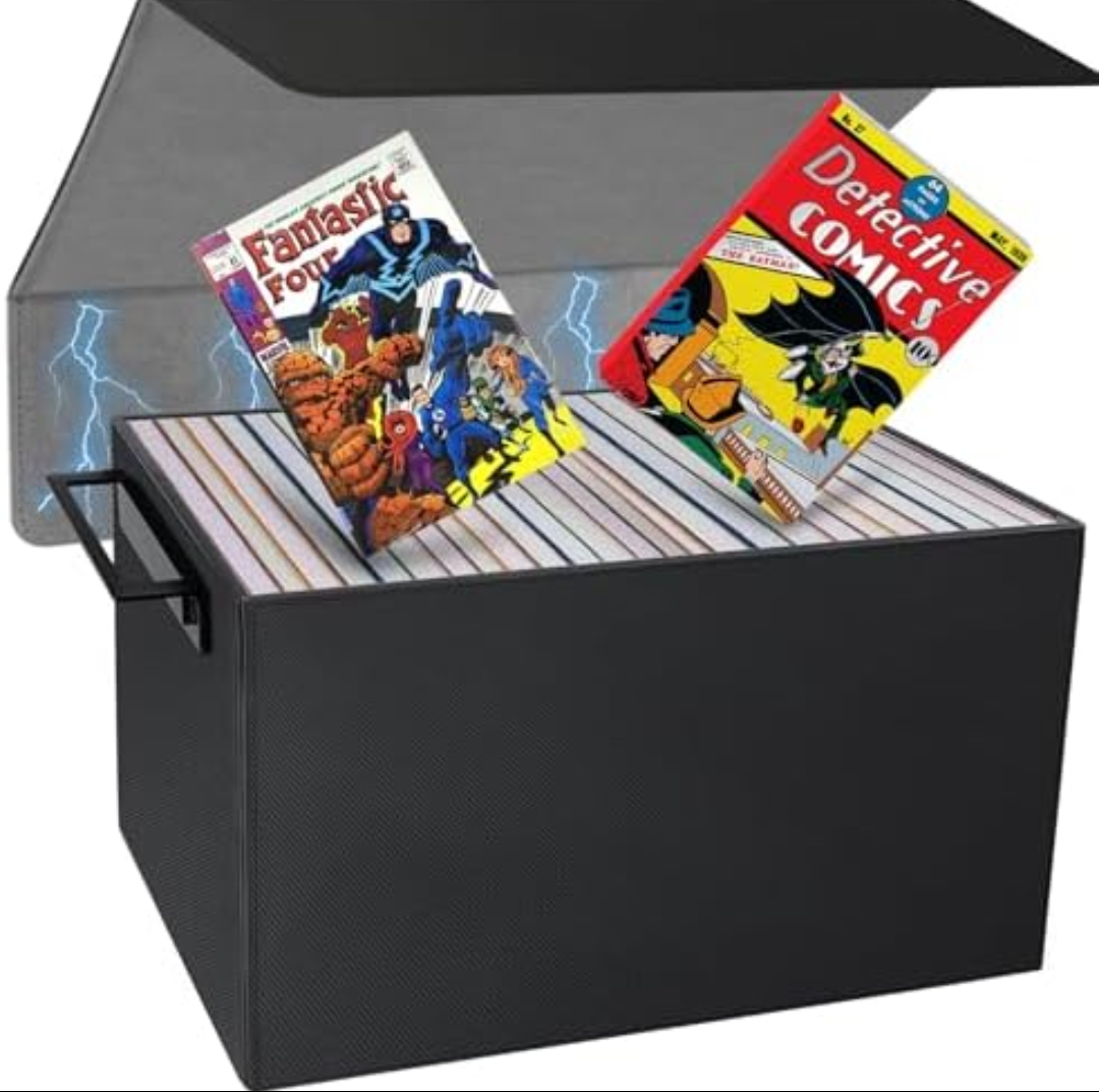 Comic Book Storage Box,PU Leather Comic Bin Holds 155 Comic Book with Handles,Stackable Moistureproof Comic Short Box Book Organizer Storage for Comic Collectors
