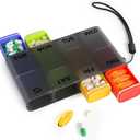 Weekly Pill Organizer 1 Time a Day  Travel Pill Case 7 Day, Small Pill Box 8 Compartments Push Open, with Color Slots, Medicine Organizer for Fish Oil, Vitamins, with Wrist Lanyard, BPA Free, Black