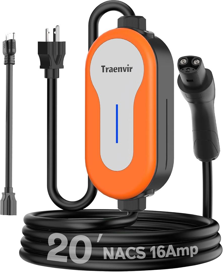 Level 1&2 Charger for Tesla, 110-240V Mobile Charger Nacs Connector with 20FT Charging Cable, 16Amp Portable Home Wall Electric Car EV Charger for Tesla Models Y/X/3/S NEMA 5-15 & NEMA 6-20 Plug