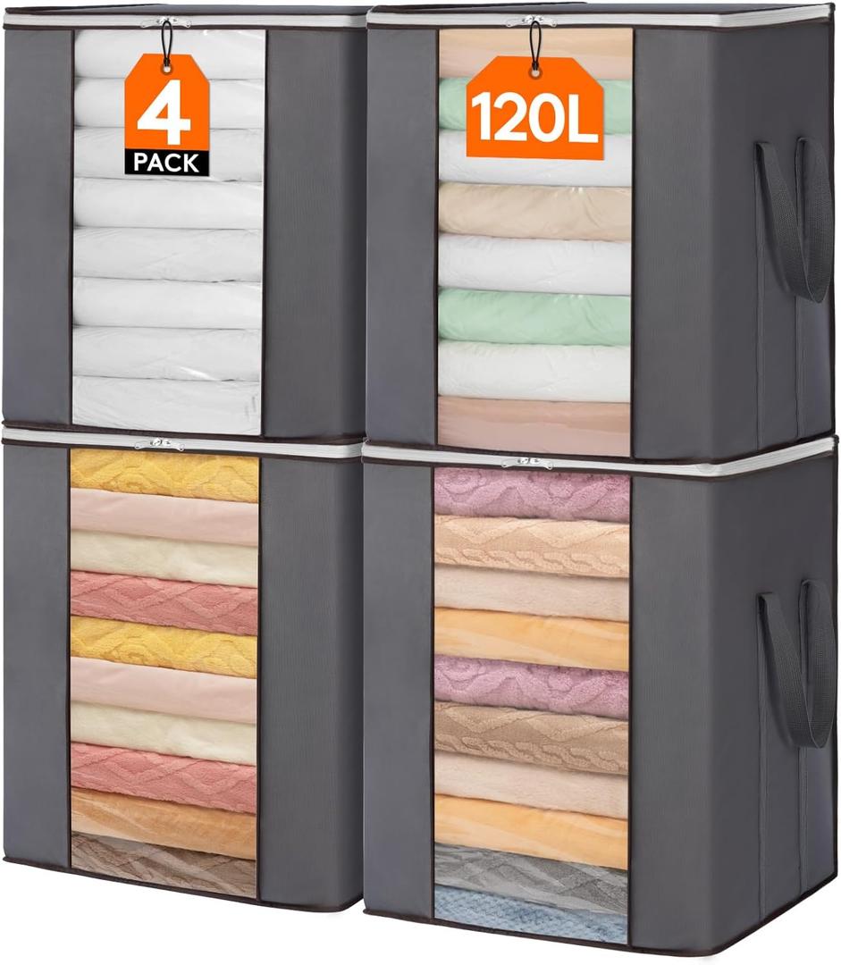 Lifewit Extra Large Blanket Comforter Storage Bags with Reinforced Handles for Bedding, Sheet, Foldable Clothes Storage Containers for King Size Quit, 120 L Linen Moving Bag 4 Pack