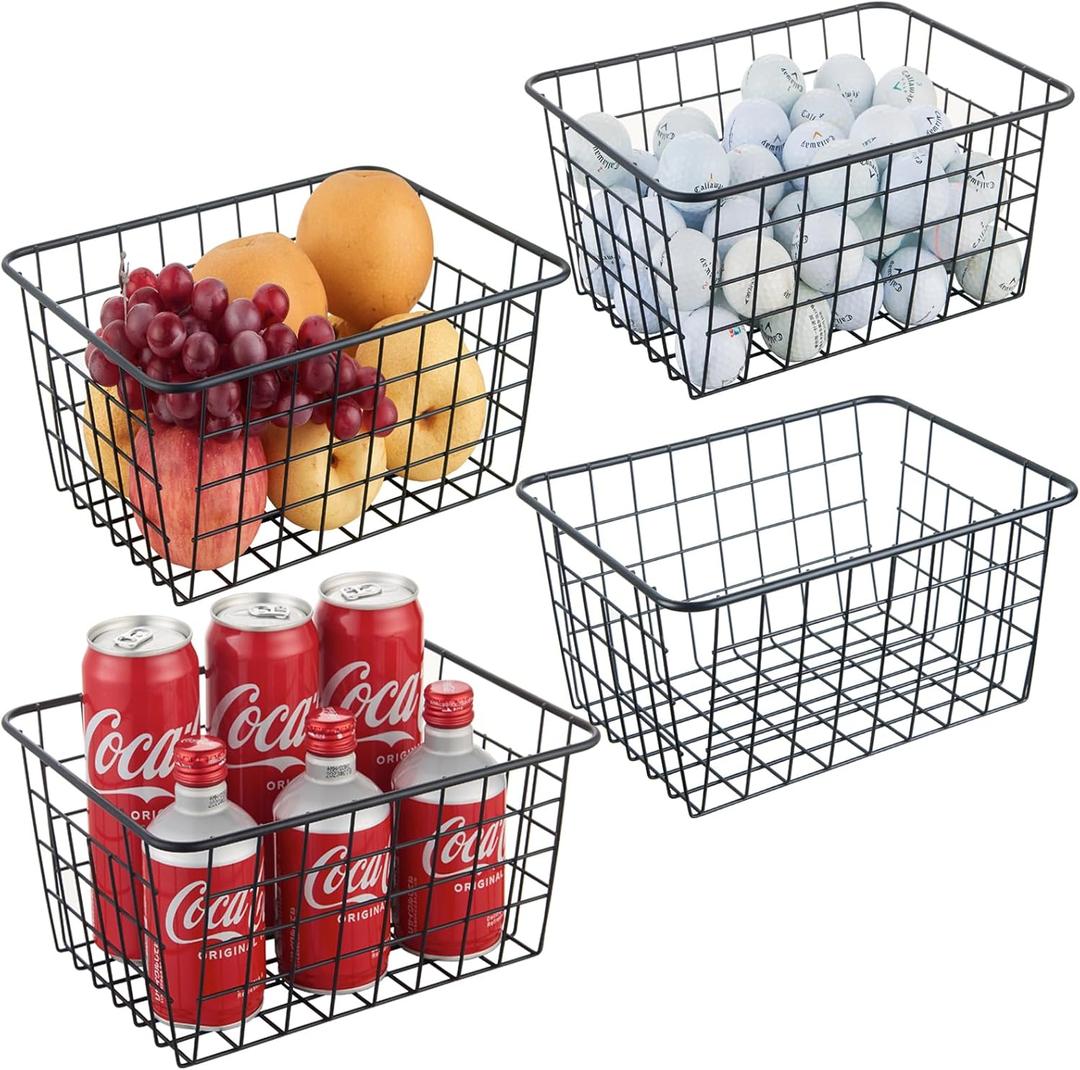 JUNCHU CHERRY Wire Kitchen Storage Basket 4 Packs, Perfect Pantry Organization Accessories Basket, Laundry Baskets, Countertop Organization, Suitable for Kitchen, Bathroom, Bedroom, Tabletop, Stackable, Black