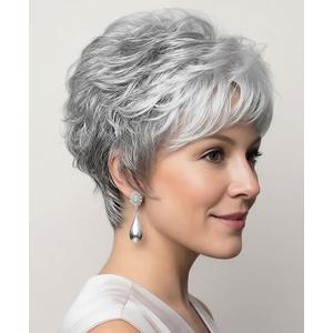 SEVENCOLORS Short Grey Wigs for White Women Pixie Cut Gray Wigs with Bangs Natural Curly Synthetic Hair Short Mixed White Wig for Older Women