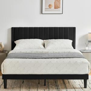 Queen Platform Bed Frame with Velvet Upholstered Headboard, Sturdy Wooden Slats, Noise-Free, No Box Spring Needed, Easy Assembly (Black, Queen)
