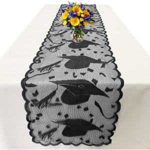 Lace Graduation Table Runner 72 Inches - 2025 Graduation Party Decorations for Table - Graduation Tabletop Centerpiece Decor - Grad Cap Decorations for Home Kitchen Dining Room (Black)