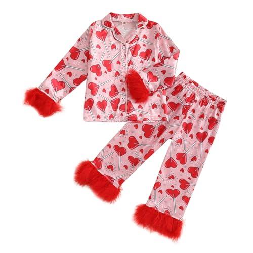 Ayalinggo Toddler Kids Baby Girl Solid Pjs Ruffle Long Sleeve Button Shirt Top and Pants Cotton 2Piece Pajamas Set (Love heart candy, 1-2 Years)