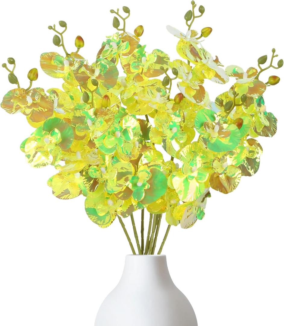 8pcs 24K Galaxy Orchid Artificial Flowers Glass Flowers with Stems Colorful Green Fake Orchid Flowers for Vase Wedding Garden Party Home Table Centerpiece Decor (Green)