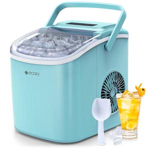ecozy Portable Ice Maker Countertop, 9 Cubes Ready in 6 Mins, 26 lbs in 24 Hours, Self-Cleaning Machine with Ice Bags/Standing Ice Scoop/Ice Basket for Kitchen Office Bar Party, Aqua (Green)