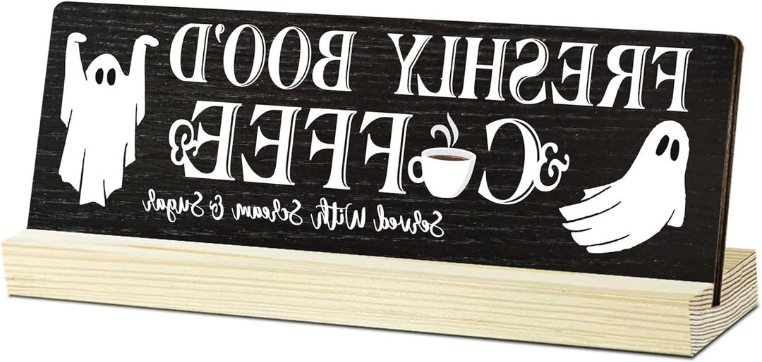 Halloween Table Decor Coffee Ghost Wooden Sign, Farmhouse Ghost Tabletop Centerpiece Decorative Coffee Bar Block Signs for Home Office Kitchen Shelf(mh07)